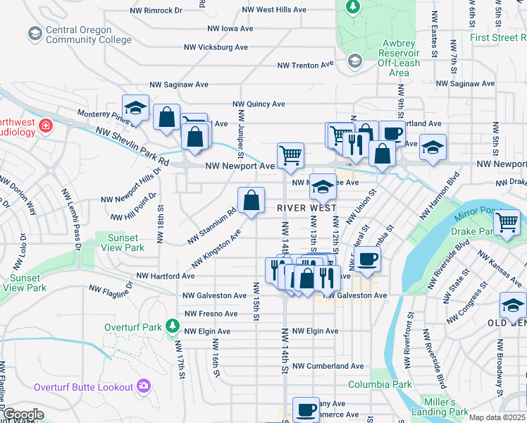 map of restaurants, bars, coffee shops, grocery stores, and more near 1472 Northwest Lexington Avenue in Bend
