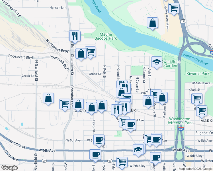 map of restaurants, bars, coffee shops, grocery stores, and more near 90 North Polk Street in Eugene