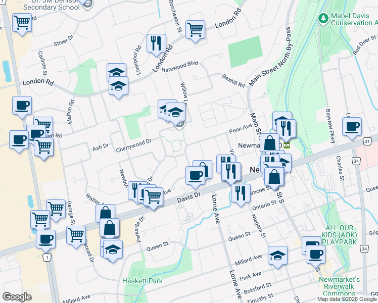 map of restaurants, bars, coffee shops, grocery stores, and more near 276 Penn Avenue in Newmarket