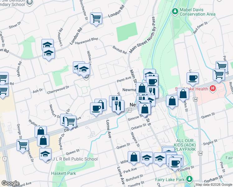 map of restaurants, bars, coffee shops, grocery stores, and more near 54 Vincent Street in Newmarket