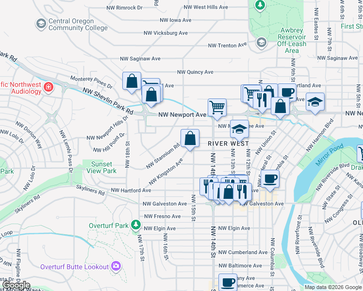 map of restaurants, bars, coffee shops, grocery stores, and more near 1205 Northwest Stannium Road in Bend