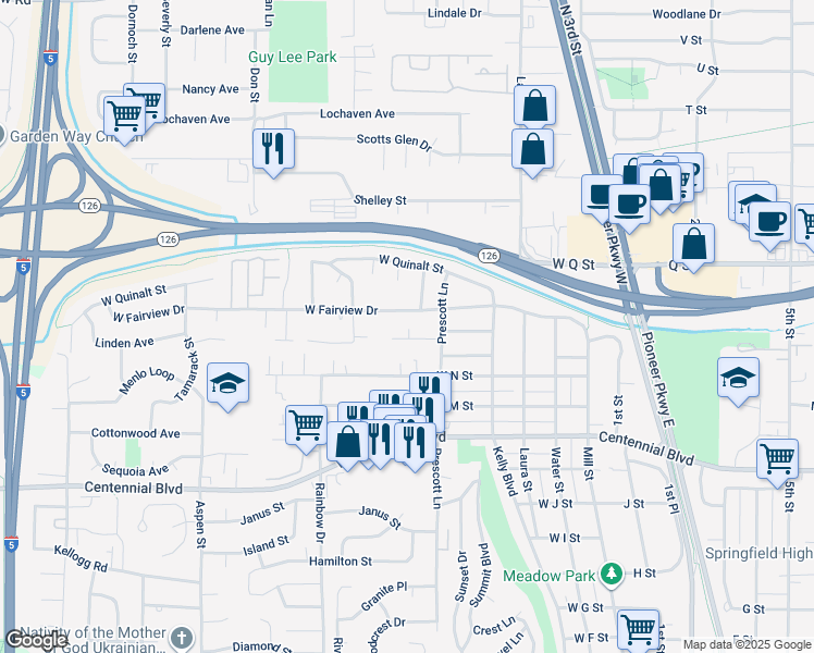 map of restaurants, bars, coffee shops, grocery stores, and more near 568 Night Hawk Lane in Springfield