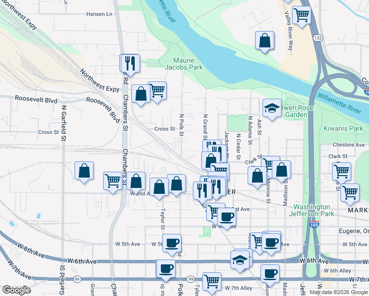 map of restaurants, bars, coffee shops, grocery stores, and more near 90 North Polk Street in Eugene