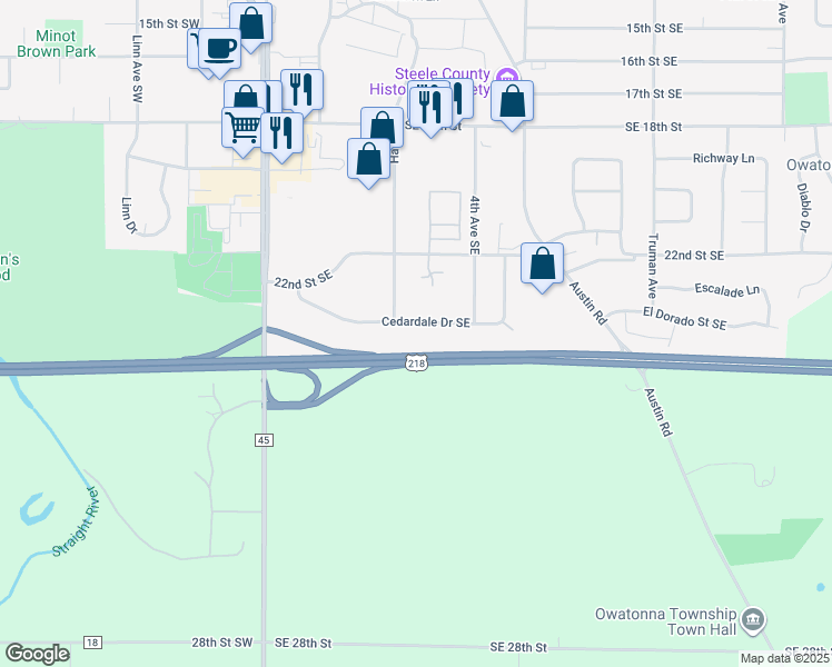 map of restaurants, bars, coffee shops, grocery stores, and more near 325 Cedardale Drive Southeast in Owatonna