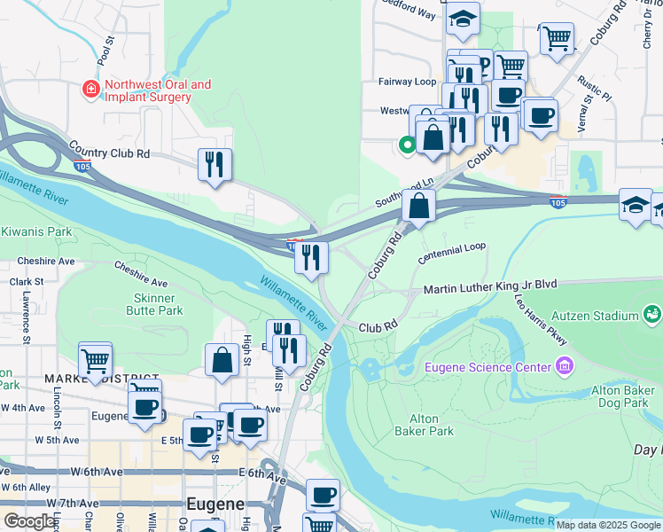 map of restaurants, bars, coffee shops, grocery stores, and more near 35 Club Road in Eugene