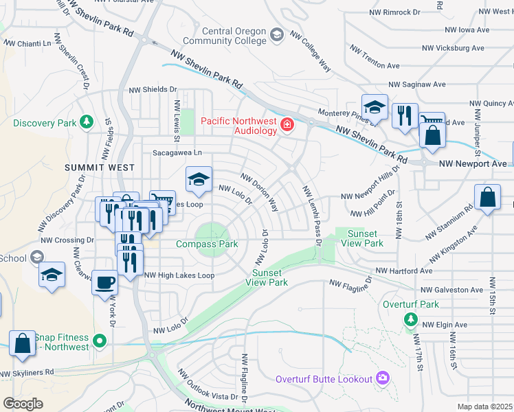 map of restaurants, bars, coffee shops, grocery stores, and more near 2523 Northwest Crossing Drive in Bend