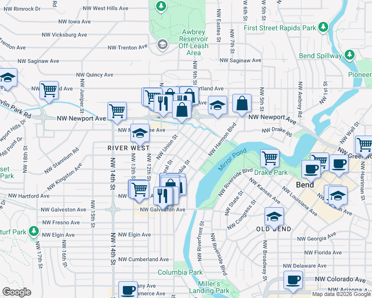 map of restaurants, bars, coffee shops, grocery stores, and more near 1224 Northwest Union Street in Bend