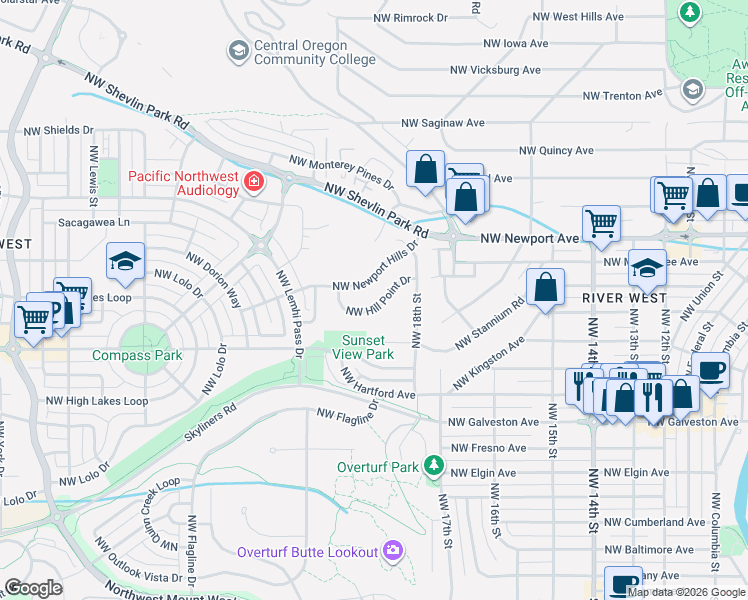 map of restaurants, bars, coffee shops, grocery stores, and more near 1919 Northwest Newport Hills Drive in Bend