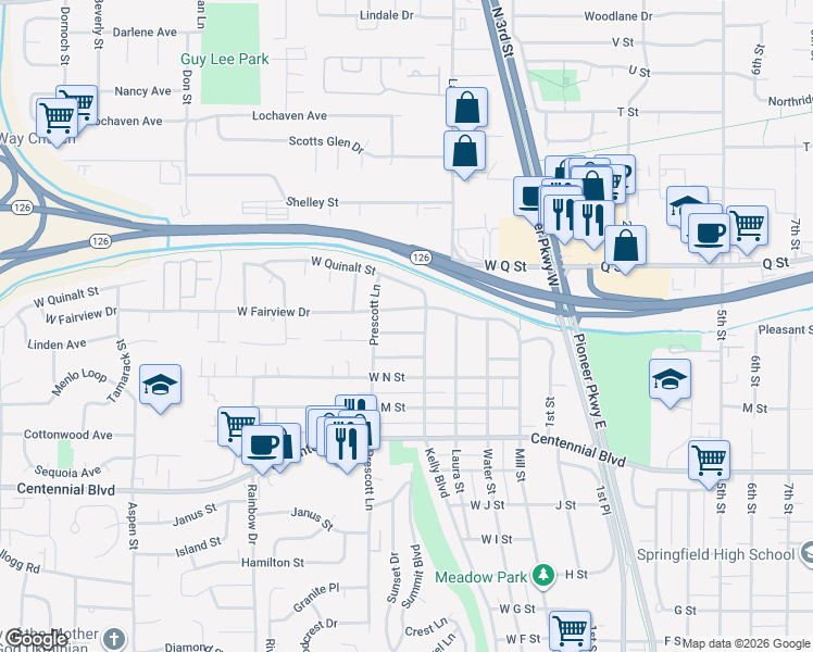 map of restaurants, bars, coffee shops, grocery stores, and more near 424 West Fairview Drive in Springfield