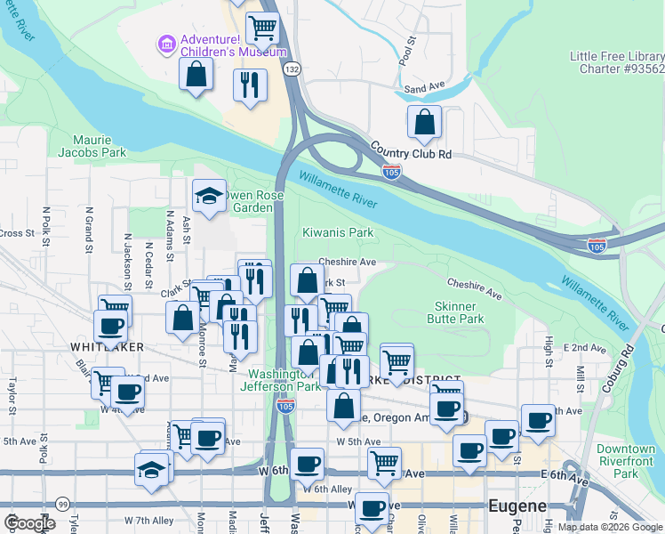 map of restaurants, bars, coffee shops, grocery stores, and more near 455 West 1st Avenue in Eugene