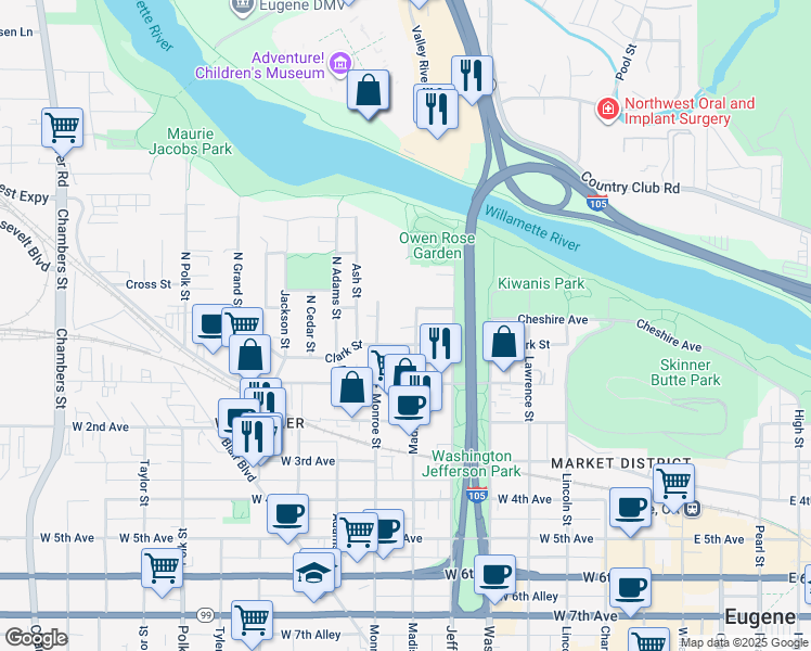 map of restaurants, bars, coffee shops, grocery stores, and more near 88 North Madison Street in Eugene