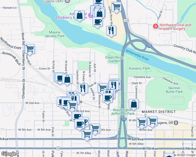 map of restaurants, bars, coffee shops, grocery stores, and more near 100 North Monroe Street in Eugene