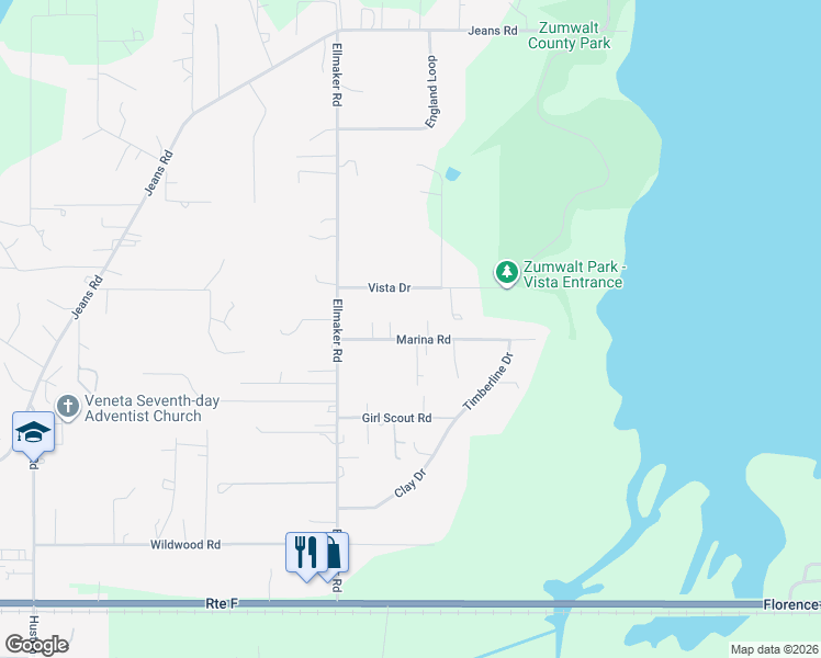 map of restaurants, bars, coffee shops, grocery stores, and more near 26039 Marina Road in Veneta