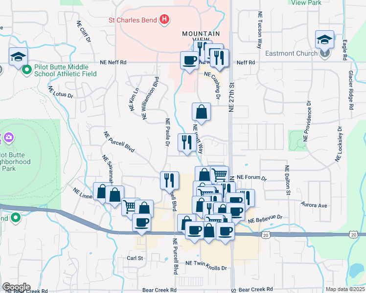 map of restaurants, bars, coffee shops, grocery stores, and more near 2325 Northeast Mary Rose Place in Bend
