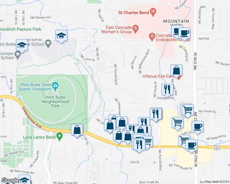 map of restaurants, bars, coffee shops, grocery stores, and more near 990 Northeast Savannah Drive in Bend