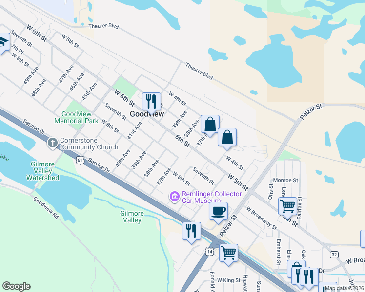 map of restaurants, bars, coffee shops, grocery stores, and more near 3758 West 6th Street in Goodview