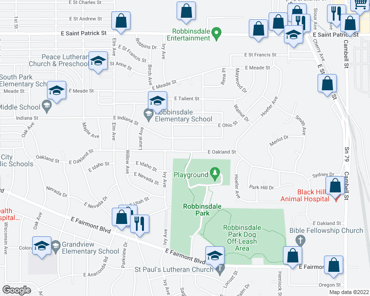 map of restaurants, bars, coffee shops, grocery stores, and more near 616 East Oakland Street in Rapid City