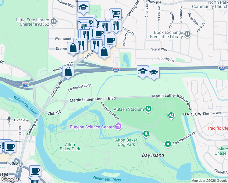 map of restaurants, bars, coffee shops, grocery stores, and more near 2315 Martin Luther King Junior Boulevard in Eugene