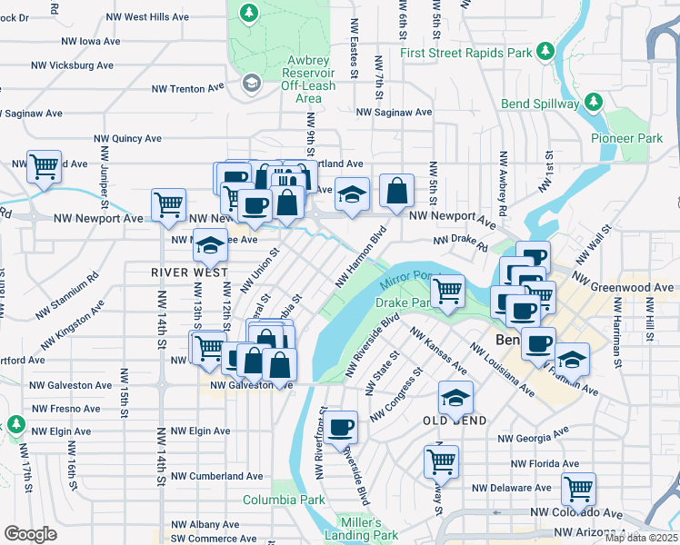 map of restaurants, bars, coffee shops, grocery stores, and more near 1325 Northwest Harmon Boulevard in Bend