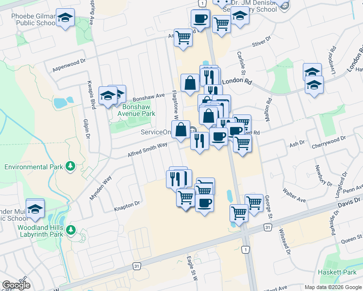 map of restaurants, bars, coffee shops, grocery stores, and more near 83 Dawson Manor Boulevard in Newmarket