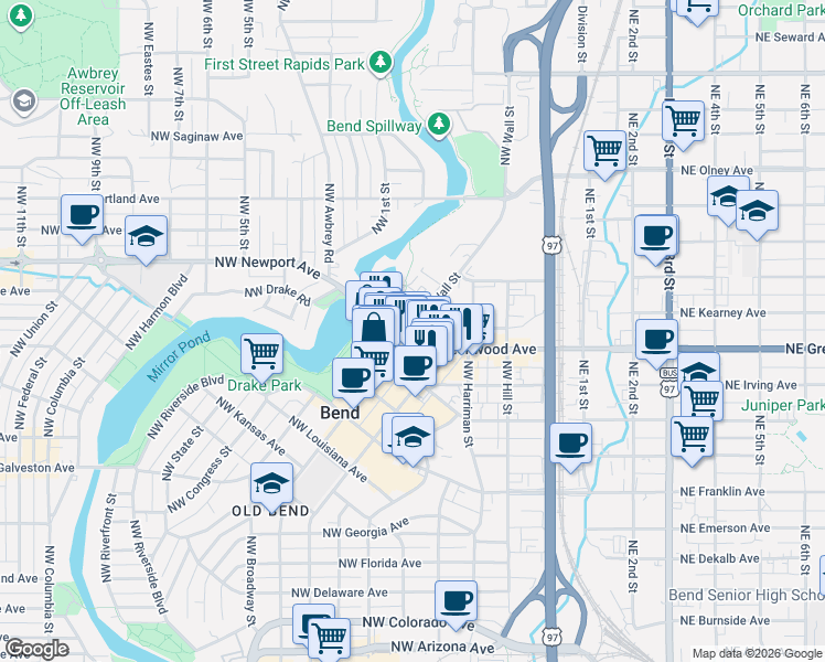 map of restaurants, bars, coffee shops, grocery stores, and more near NW Newport Ave & NW Wall St in Bend