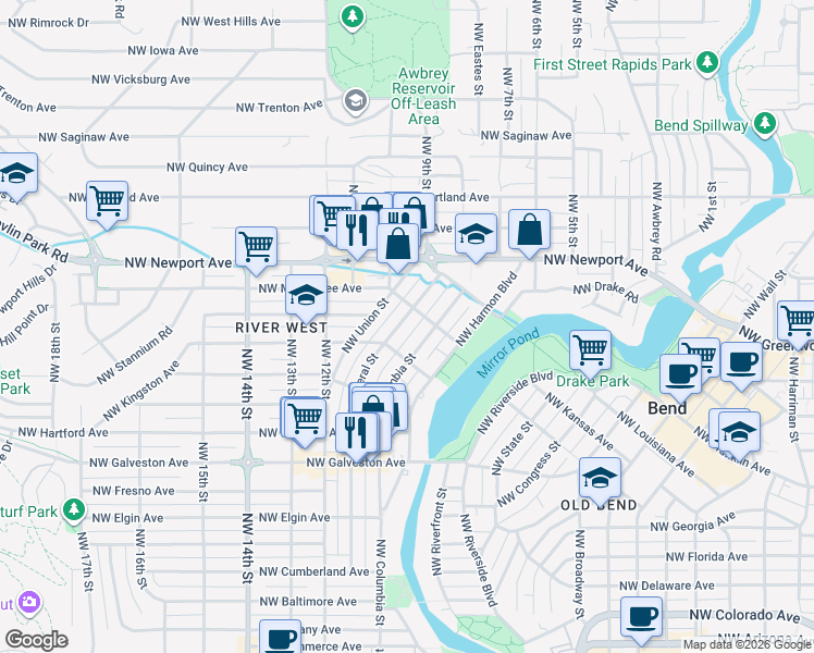 map of restaurants, bars, coffee shops, grocery stores, and more near 1142 Northwest Federal Street in Bend