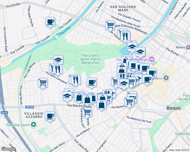 map of restaurants, bars, coffee shops, grocery stores, and more near 64 Via Giulio Mario Ceccarelli in Rimini