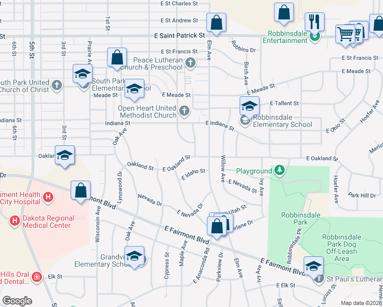 map of restaurants, bars, coffee shops, grocery stores, and more near 234 East Oakland Street in Rapid City