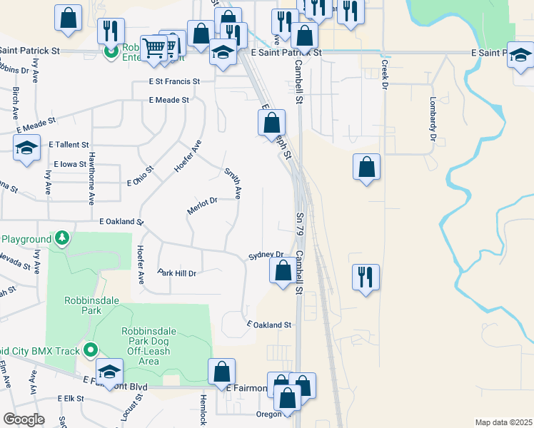 map of restaurants, bars, coffee shops, grocery stores, and more near 2514 Smith Avenue in Rapid City