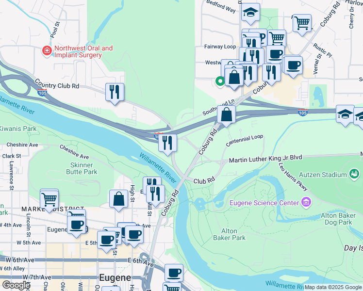 map of restaurants, bars, coffee shops, grocery stores, and more near 11 Country Club Road in Eugene
