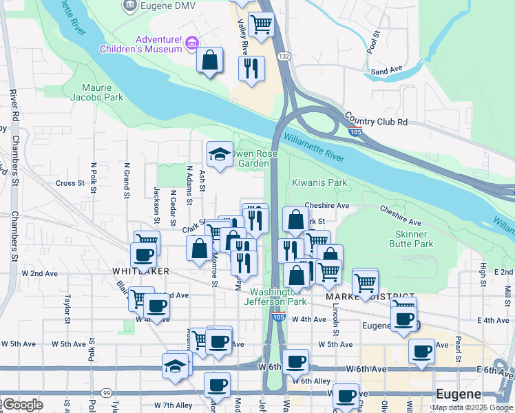 map of restaurants, bars, coffee shops, grocery stores, and more near 116 North Jefferson Street in Eugene