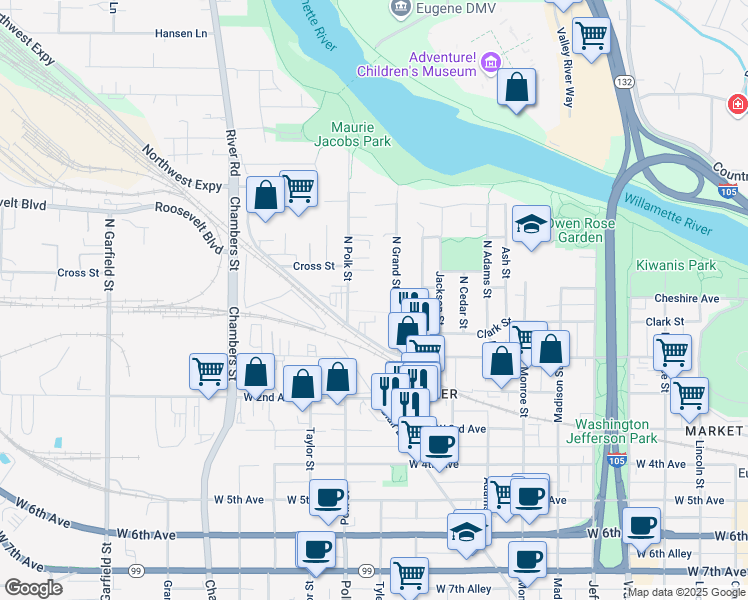 map of restaurants, bars, coffee shops, grocery stores, and more near 80 North Grand Street in Eugene
