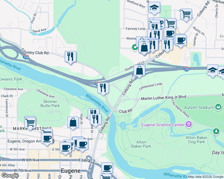 map of restaurants, bars, coffee shops, grocery stores, and more near 11 Country Club Road in Eugene