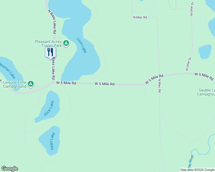 map of restaurants, bars, coffee shops, grocery stores, and more near 8493 West 5 Mile Road in Irons