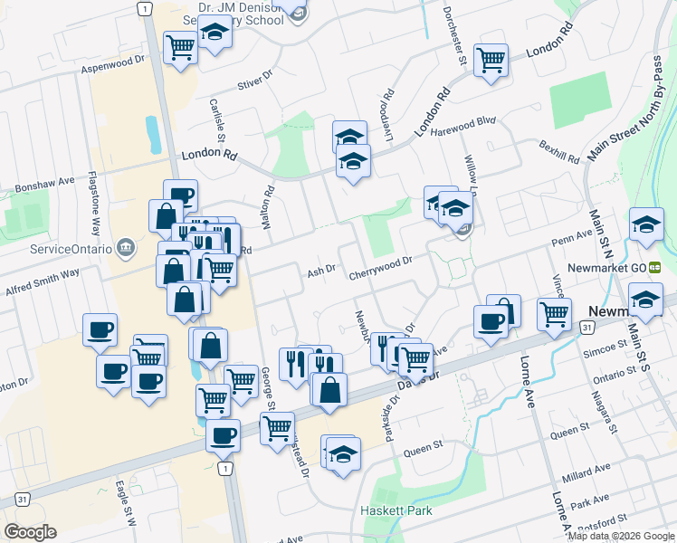map of restaurants, bars, coffee shops, grocery stores, and more near 140 Cherrywood Drive in Newmarket