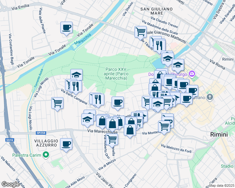 map of restaurants, bars, coffee shops, grocery stores, and more near 64 Via Giulio Mario Ceccarelli in Rimini
