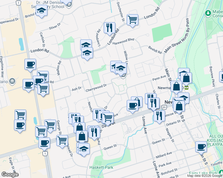 map of restaurants, bars, coffee shops, grocery stores, and more near 90 Longford Drive in Newmarket