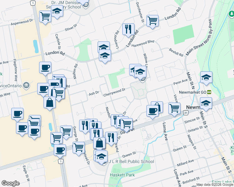 map of restaurants, bars, coffee shops, grocery stores, and more near 190 Cherrywood Drive in Newmarket