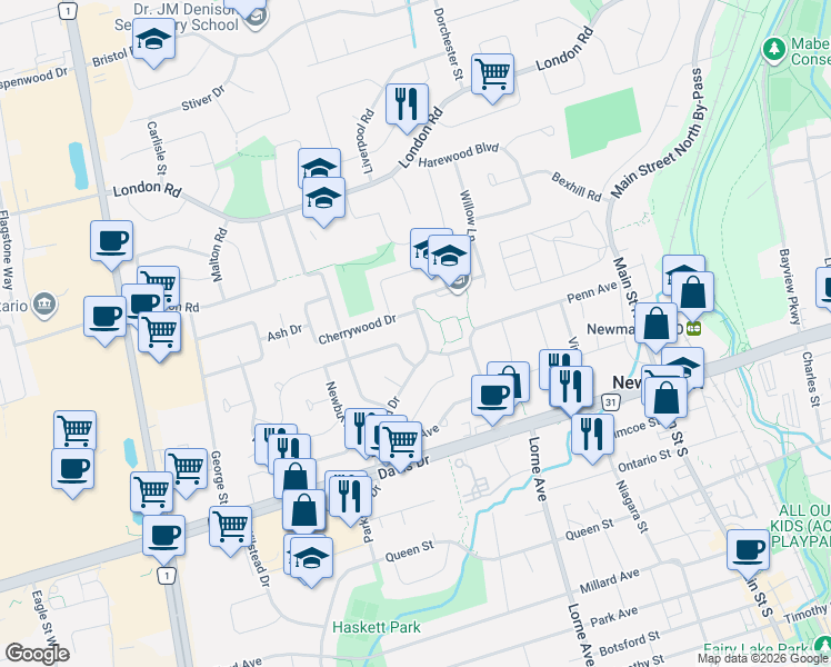 map of restaurants, bars, coffee shops, grocery stores, and more near 90 Longford Drive in Newmarket