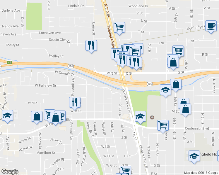 map of restaurants, bars, coffee shops, grocery stores, and more near 140 West Fairview Drive in Springfield