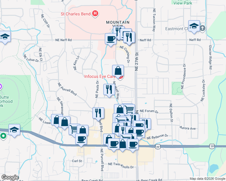 map of restaurants, bars, coffee shops, grocery stores, and more near 1052 Northeast Rambling Lane in Bend