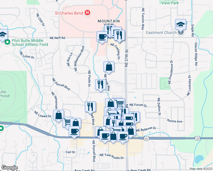 map of restaurants, bars, coffee shops, grocery stores, and more near 2450 Northeast Mary Rose Place in Bend