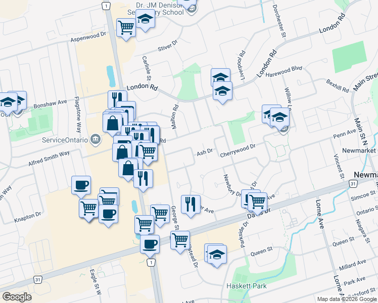 map of restaurants, bars, coffee shops, grocery stores, and more near 95 Cardinal Crescent in Newmarket