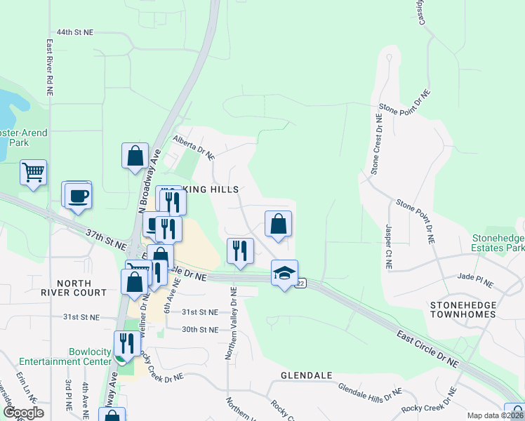 map of restaurants, bars, coffee shops, grocery stores, and more near 917 Northway Lane Northeast in Rochester