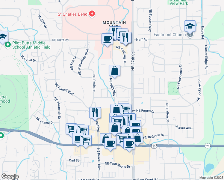 map of restaurants, bars, coffee shops, grocery stores, and more near 2450 Northeast Mary Rose Place in Bend