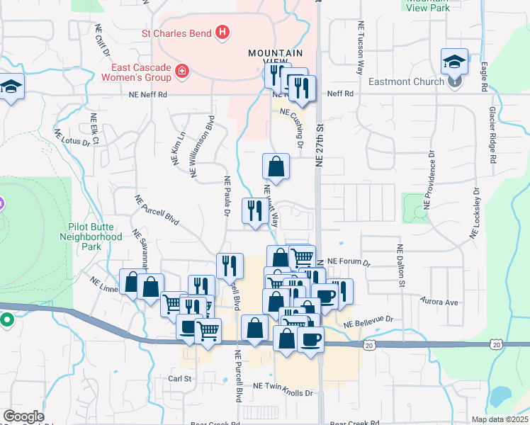 map of restaurants, bars, coffee shops, grocery stores, and more near 2382 Northeast Mary Rose Place in Bend