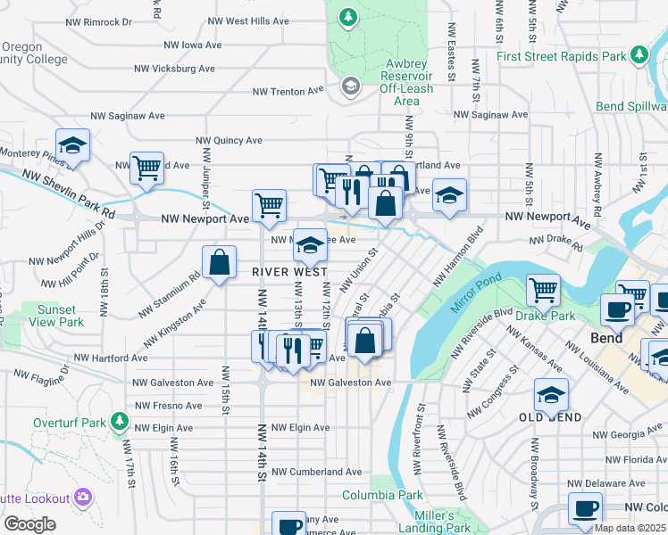 map of restaurants, bars, coffee shops, grocery stores, and more near 1206 Northwest Lexington Avenue in Bend