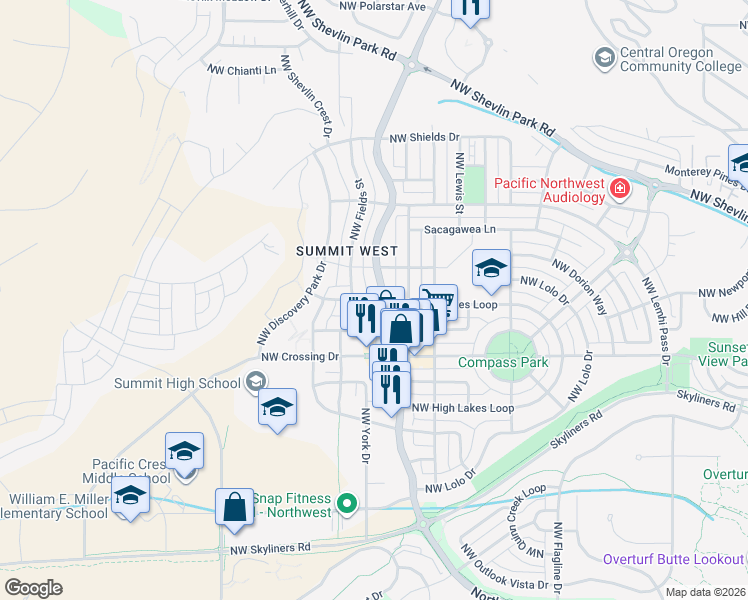 map of restaurants, bars, coffee shops, grocery stores, and more near 1646 Northwest Fields Street in Bend
