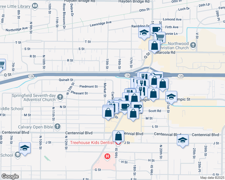 map of restaurants, bars, coffee shops, grocery stores, and more near 1841 Market Street in Springfield