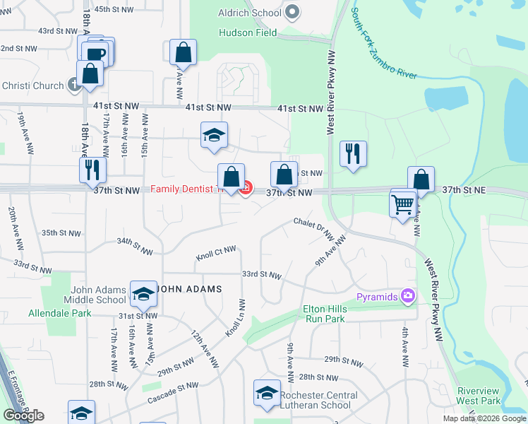 map of restaurants, bars, coffee shops, grocery stores, and more near 3602 10th Lane Northwest in Rochester
